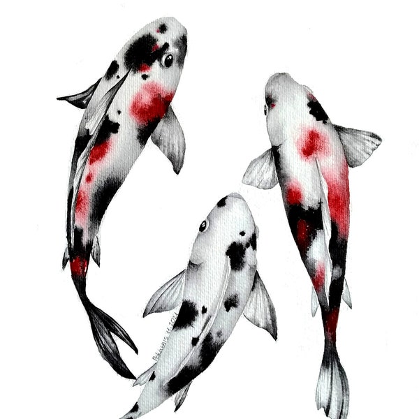 Aquarelle ORIGINALE, peinture de poissons koi, peinture de poisson rouge, peinture monochrome, oeuvre d'art noire, art japonais de poissons koi, art de poissons koi