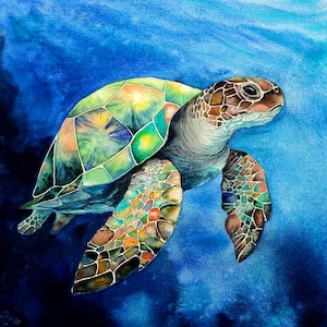 ★未使用 ウミガメの絵画 オリジナル水彩画、ウミガメの絵画、ウミガメの壁アート、海の動物の