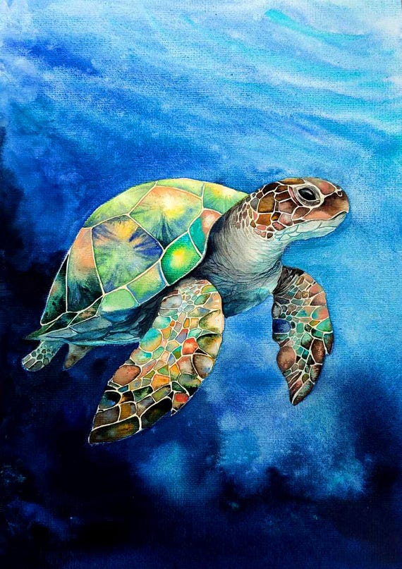 オリジナルの水彩画、ウミガメの絵画、海の動物のアートワーク、カメ