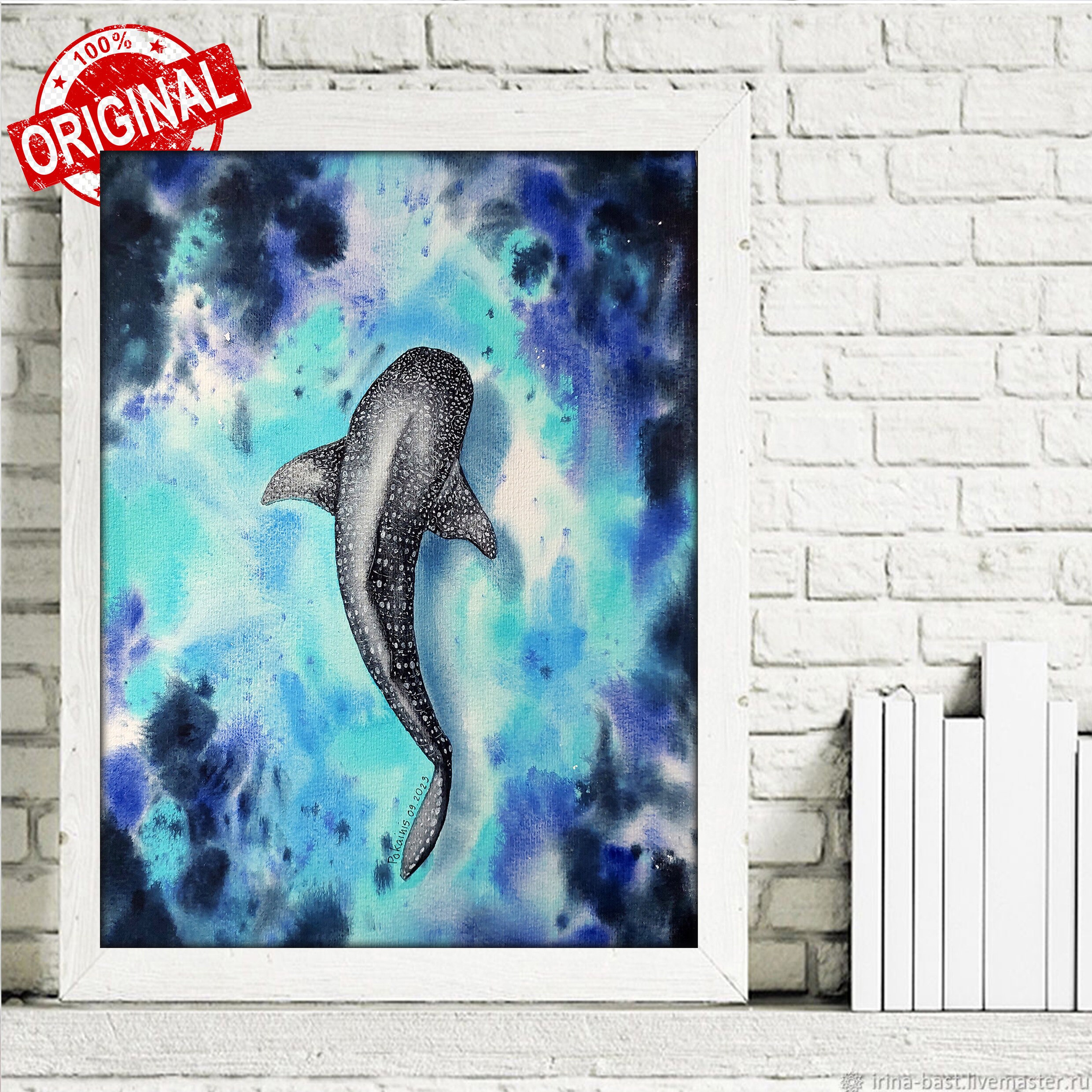 ジンベイザメ、オリジナル水彩画、水中画、暗い海、手作りの絵画