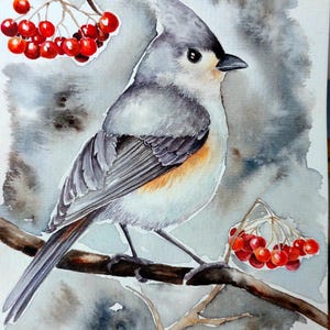Peinture originale d'aquarelle de petit oiseau, cadeau d'observation d'oiseau, oeuvre d'art de mésange tuftée, cadeau d'amant d'oiseau d'hiver, art de mur d'oiseau sur une branche