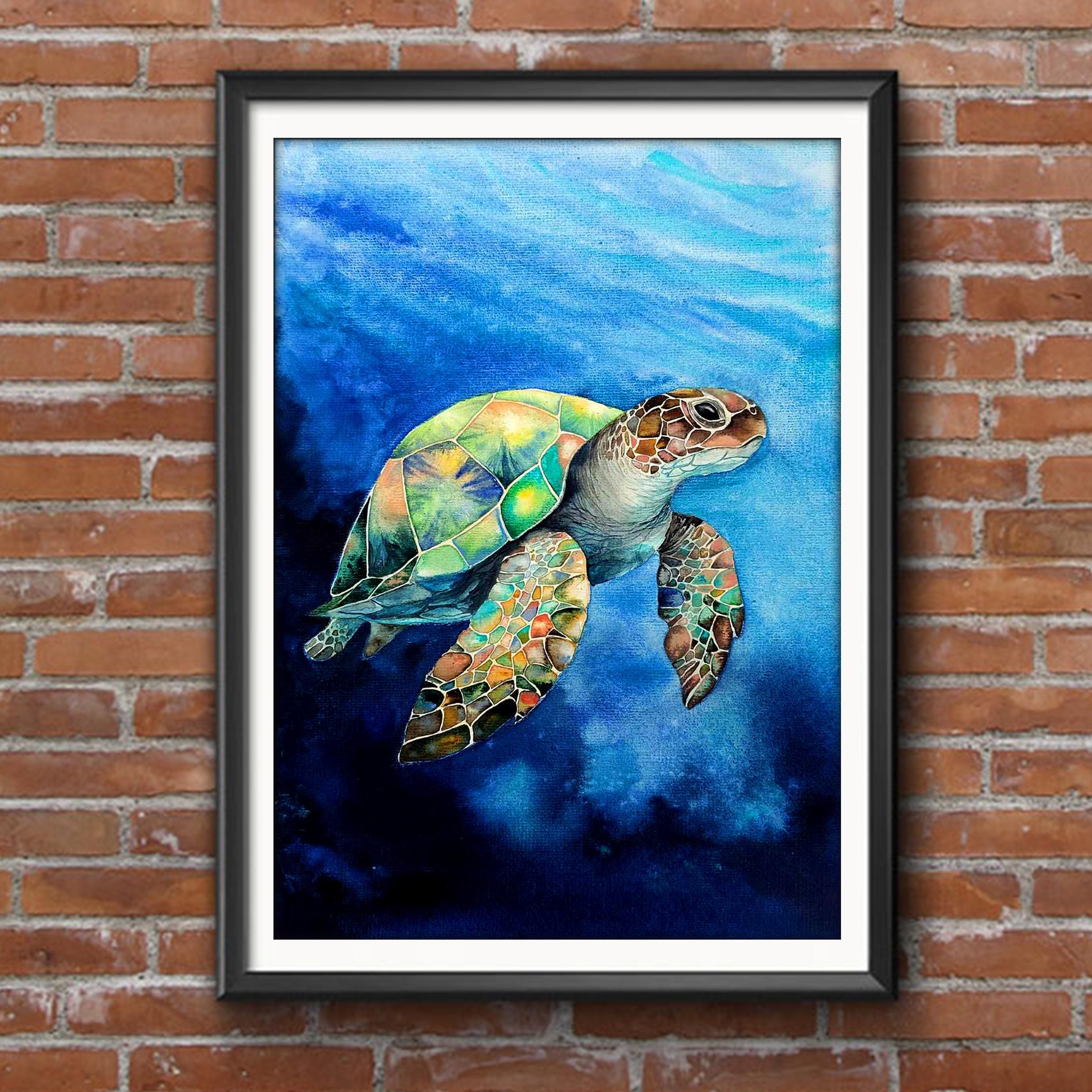 オリジナルの水彩画、ウミガメの絵画、海の動物のアートワーク、カメ