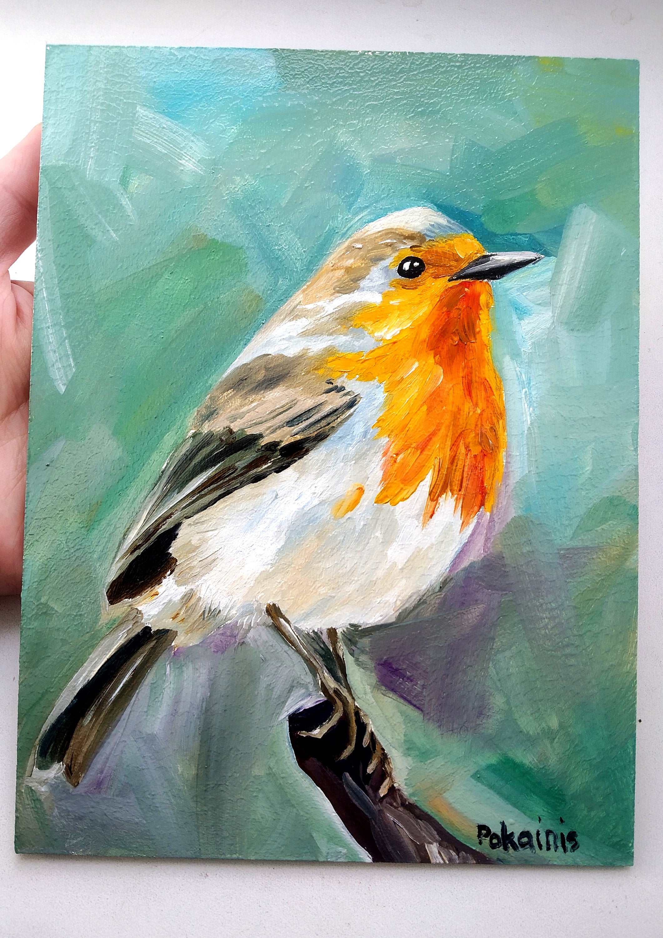 アメリカのロビン鳥のオリジナル油絵、オレンジ色の鳥の美術品