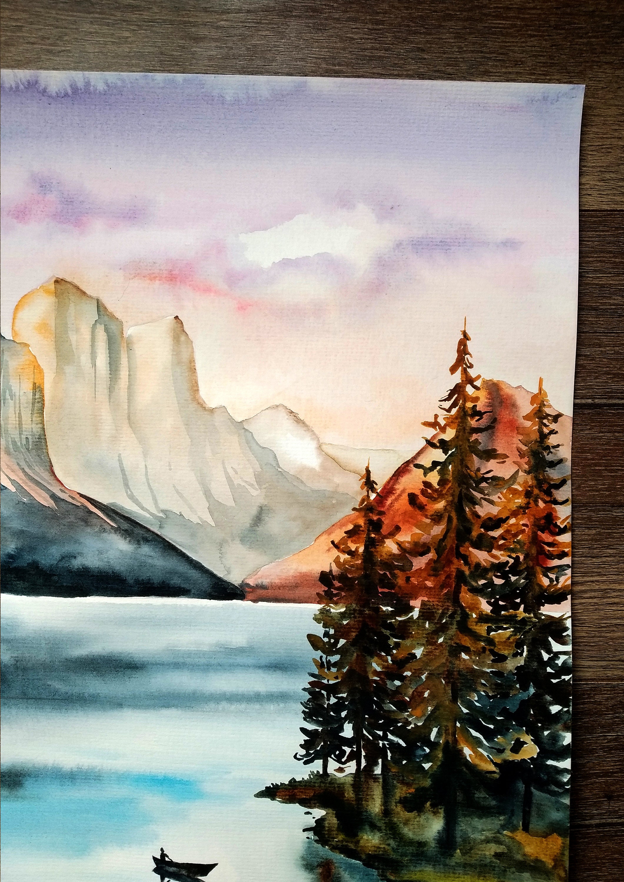 オリジナルの水彩画、風景の水彩画、山の壁画、森の絵画、茶色の色調の