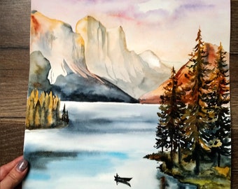 オリジナルの水彩画、風景の水彩画、山の壁画、森の絵画、茶色の色調の