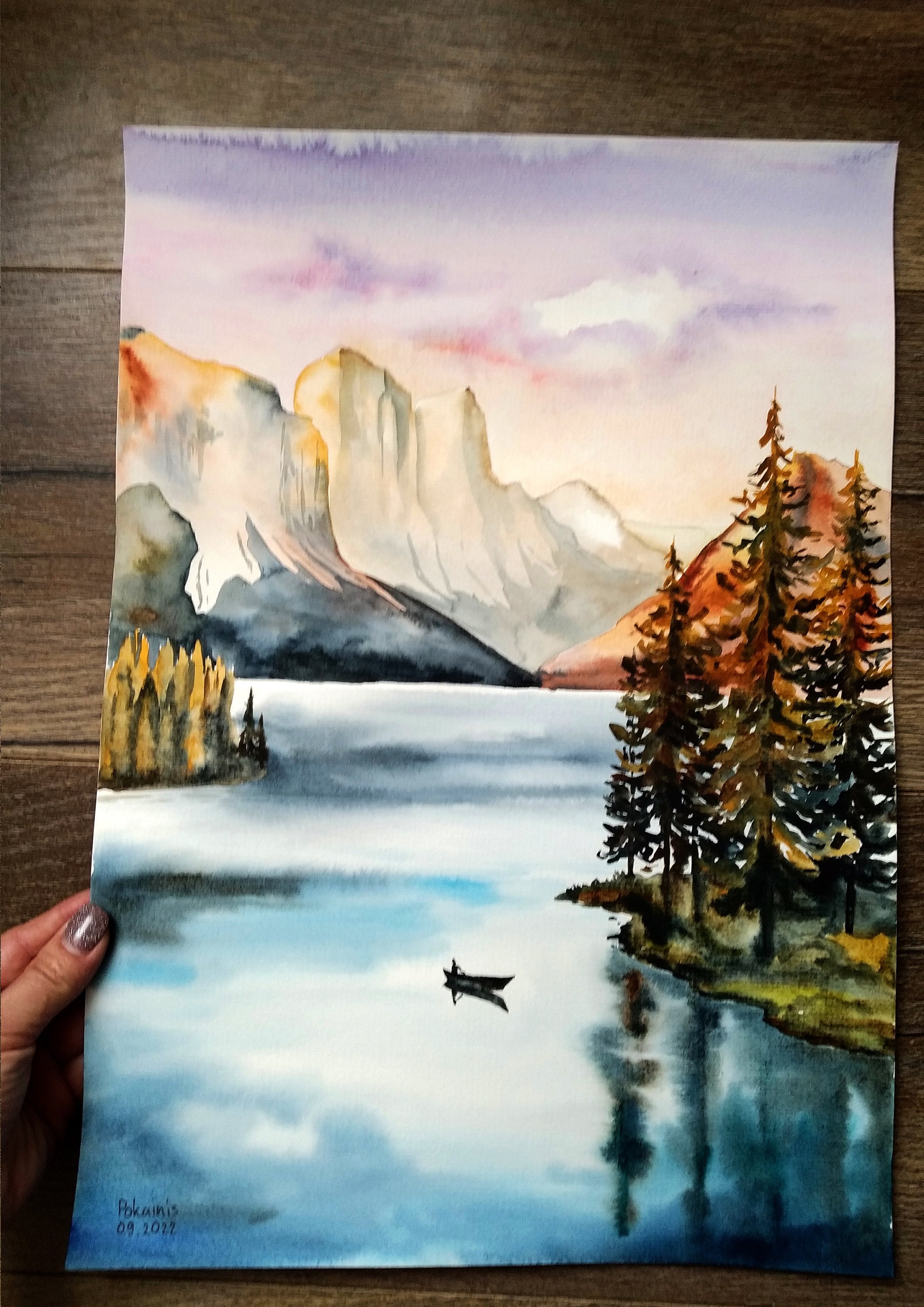 オリジナルの水彩画、風景の水彩画、山の壁画、森の絵画、茶色の色調の