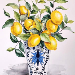 Lemon tree original watercolor painting, flower in vase painting, chinoiserie vase wall art, botanical artwork, fruit still life kitchen art