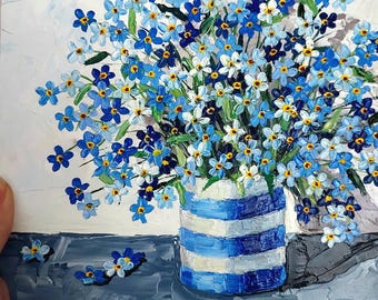 忘れな草の油絵：インパストフローラルアート、8x8 - Etsy 日本