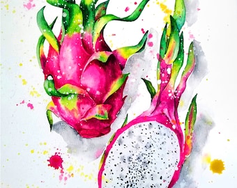 ORIGINAL watercolor painting, exotic fruit painting, dragon fruits, fruits wall art, vegetables artwork, A4 wall painting, watercolor splash