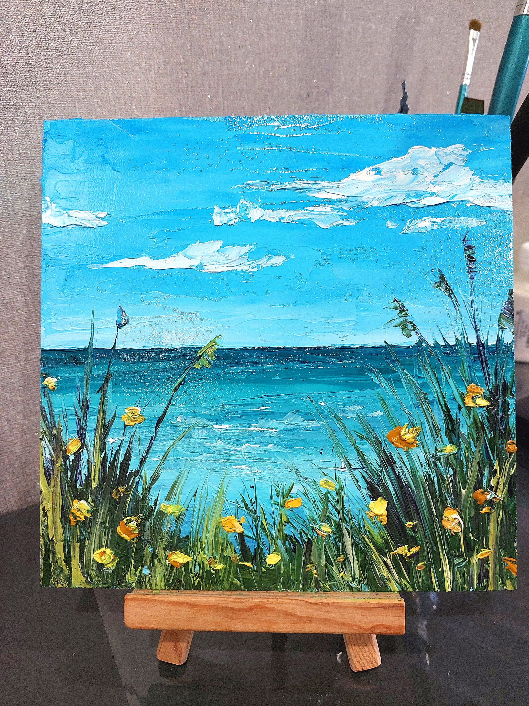 小さなオリジナル油絵、風景壁アート、海景アート、ビーチ壁