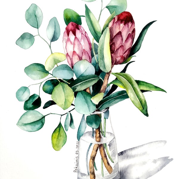 ORIGINAL watercolor painting eucalyptus wall art, flowers in vase painting, eucalyptus bouquet artwork, bridal bouquet art floral still life