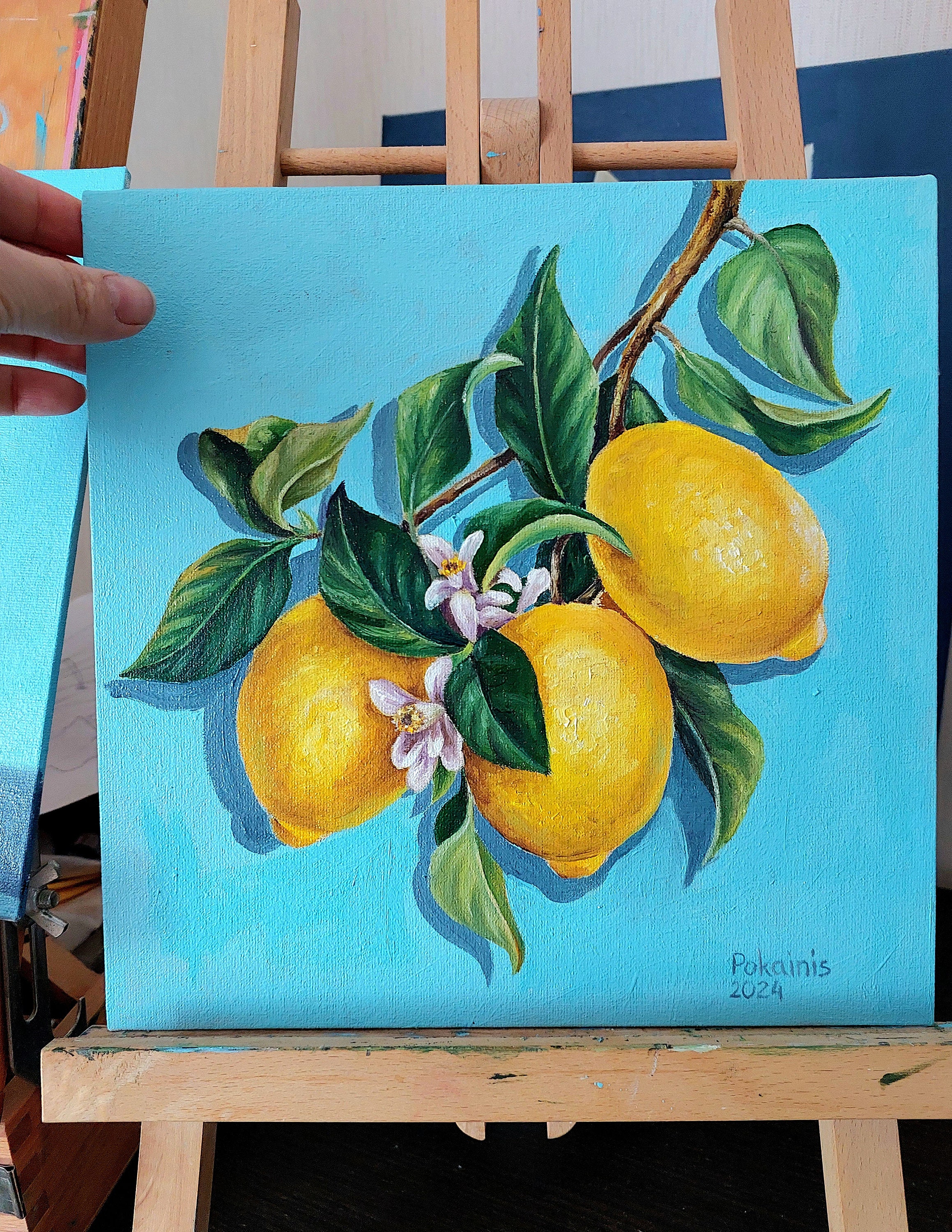 Peinture originale au citron : nature morte acrylique avec feuille d'or - France