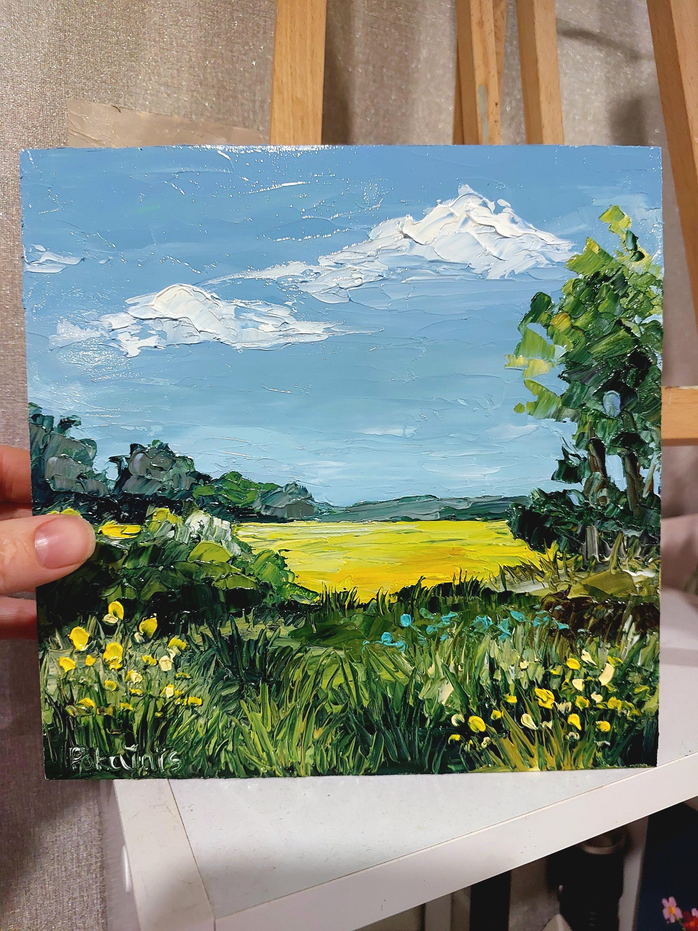 オリジナルの風景油絵、小型油絵作品、8x8サイズのウォールアート