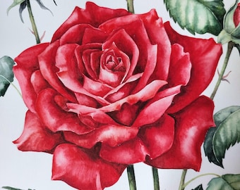 赤いバラのオリジナル水彩画、バラの壁掛けアート、花の静物画、夏の花