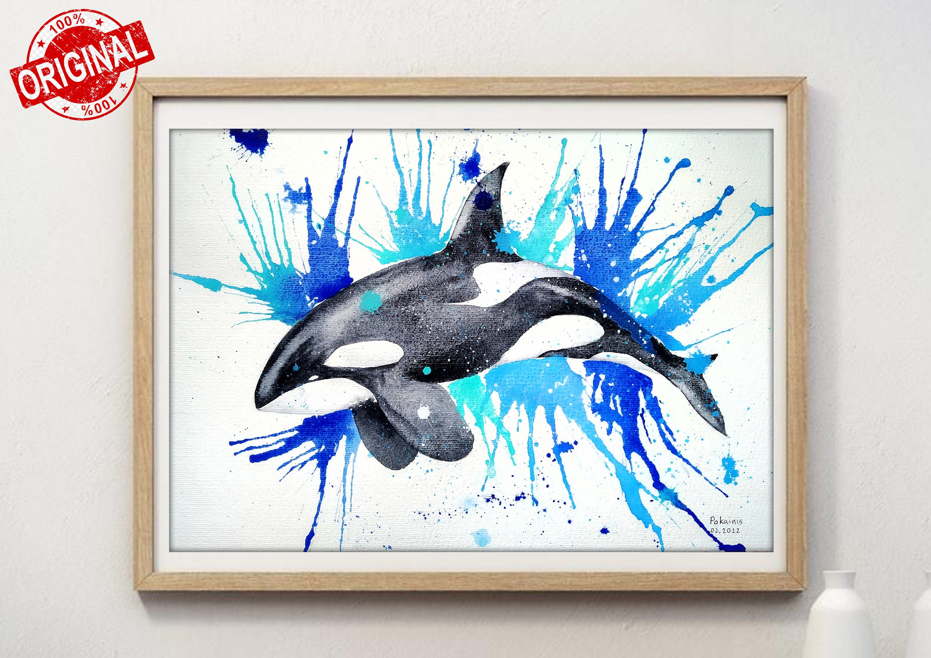 シャチ 油彩画 青色系 シャチのオリジナル水彩画、シャチのアートワーク、自然愛好家への