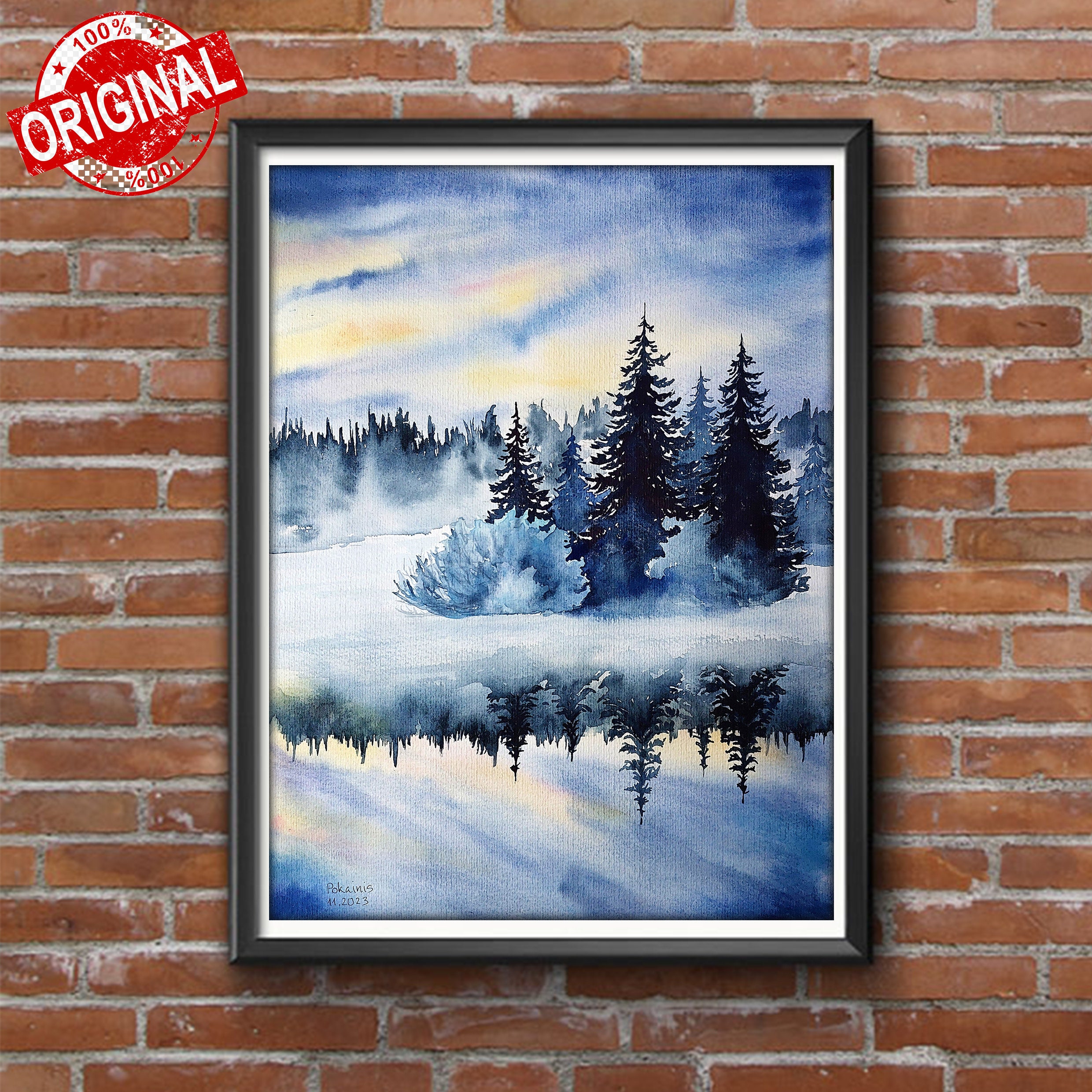 オリジナル水彩画「冬の森の絵画」雪景色（12x16インチ） - Etsy 日本