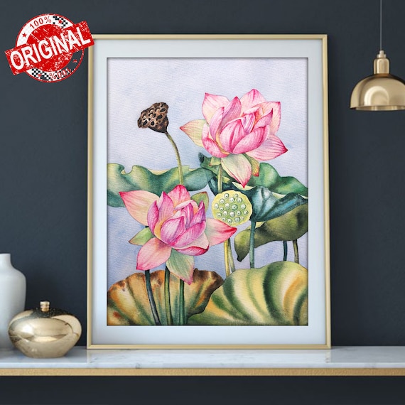 オリジナル水彩画、蓮の花の壁アート、蓮の絵、睡蓮の絵、蓮の花の