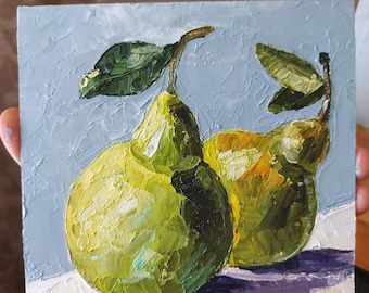 Pear small oil painting, original impasto oil artwork, garden fine art, food original painting, fruit still life wall art, kitchen artwork