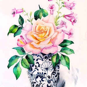 Dipinto originale ad acquerello di rose, dipinto di fiori in vaso, opera d'arte di natura morta floreale, arte murale di vasi chinoiserie, belle arti di rose ad acquerello