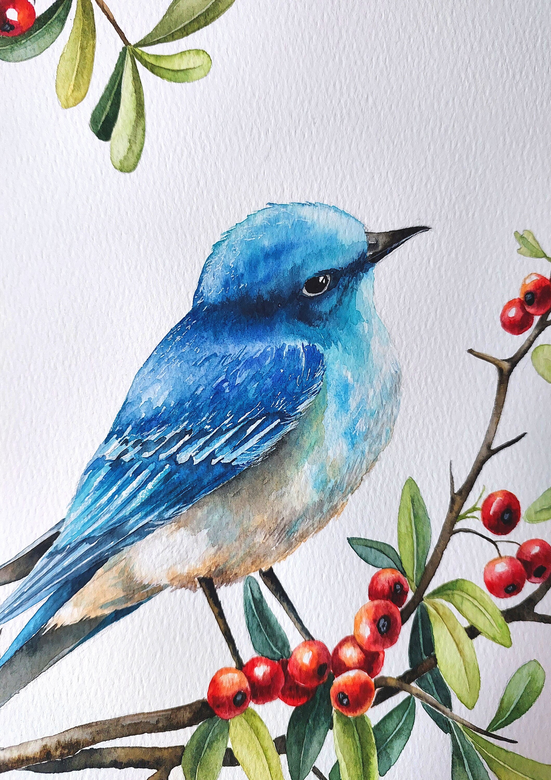 オリジナルの青い鳥の水彩画：枝に止まる鳥、竹紙 - Etsy 日本