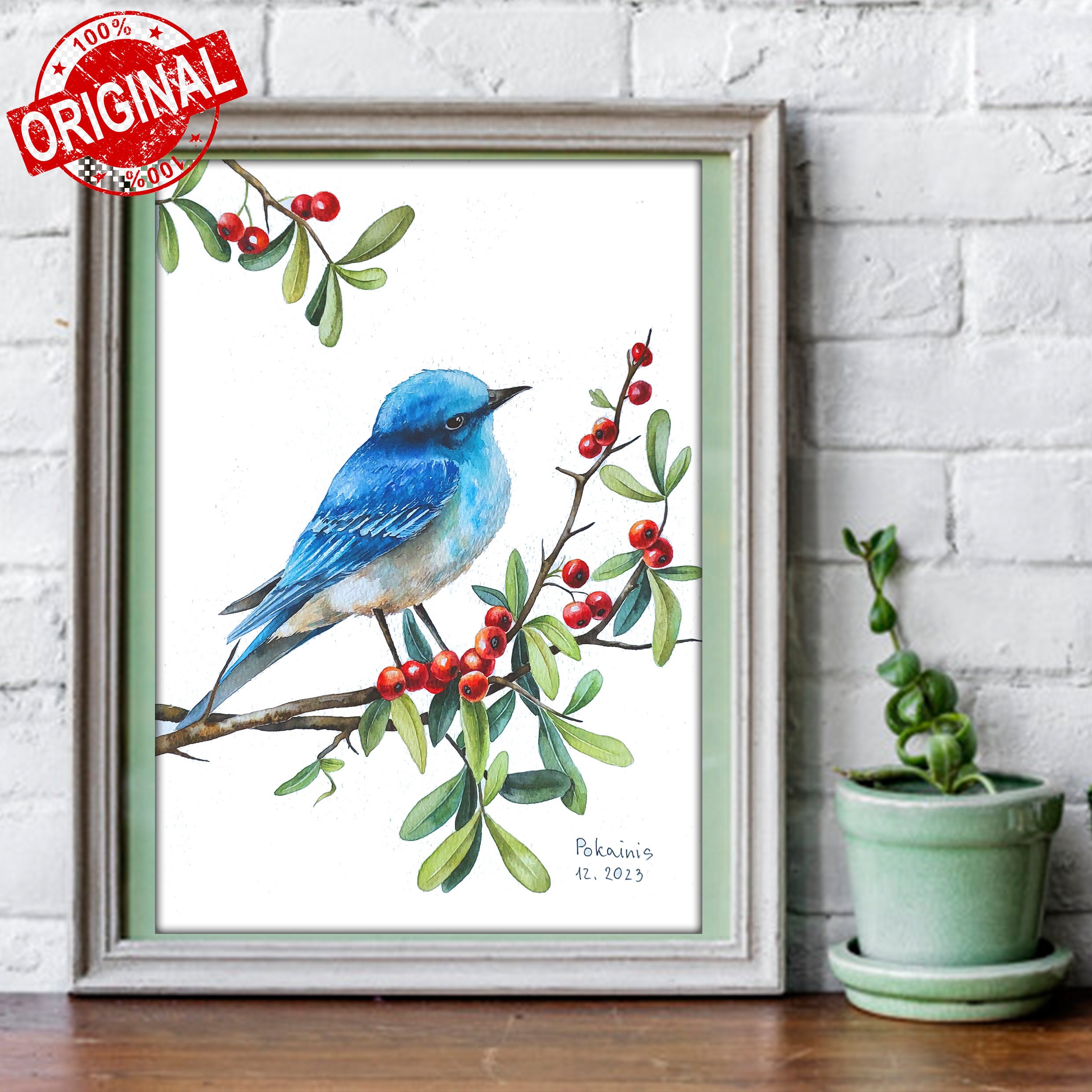 オリジナルの青い鳥の水彩画：枝に止まる鳥、竹紙 - Etsy 日本