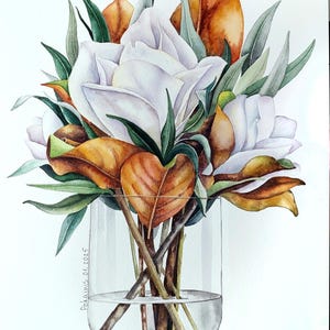ORIGINAL watercolor painting, magnolia flower in vase, still life painting, custom flower painting, bouquet artwork, floral in vase fine art