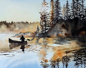 Aquarelle ORIGINALE, peinture de paysage, peinture de bateau à rames, peinture d'après photo, peinture de bateau, peinture de lac, art de parc national