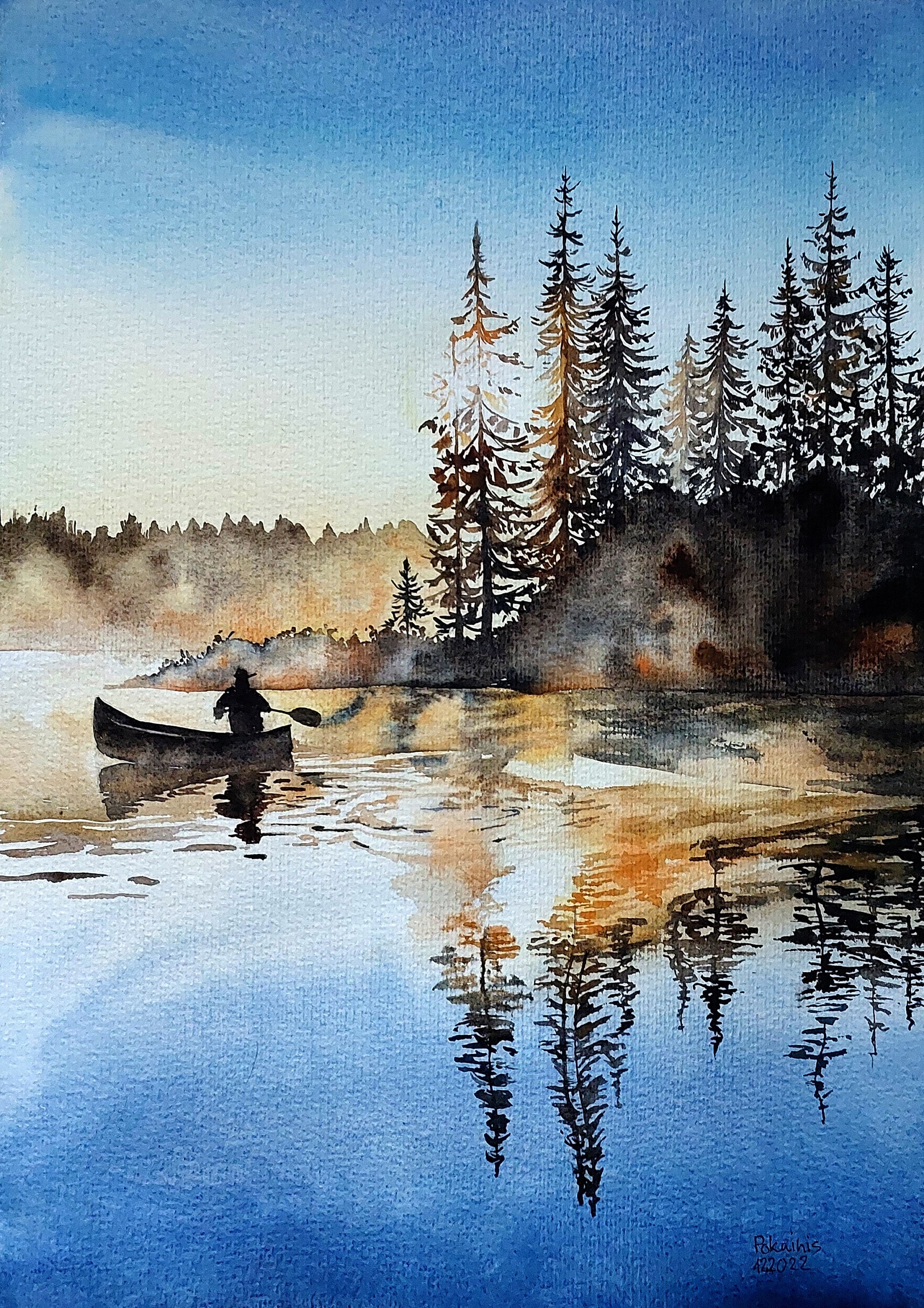 美しい油彩画 湖とボートの風景 美しい油彩画 湖とボートの風景