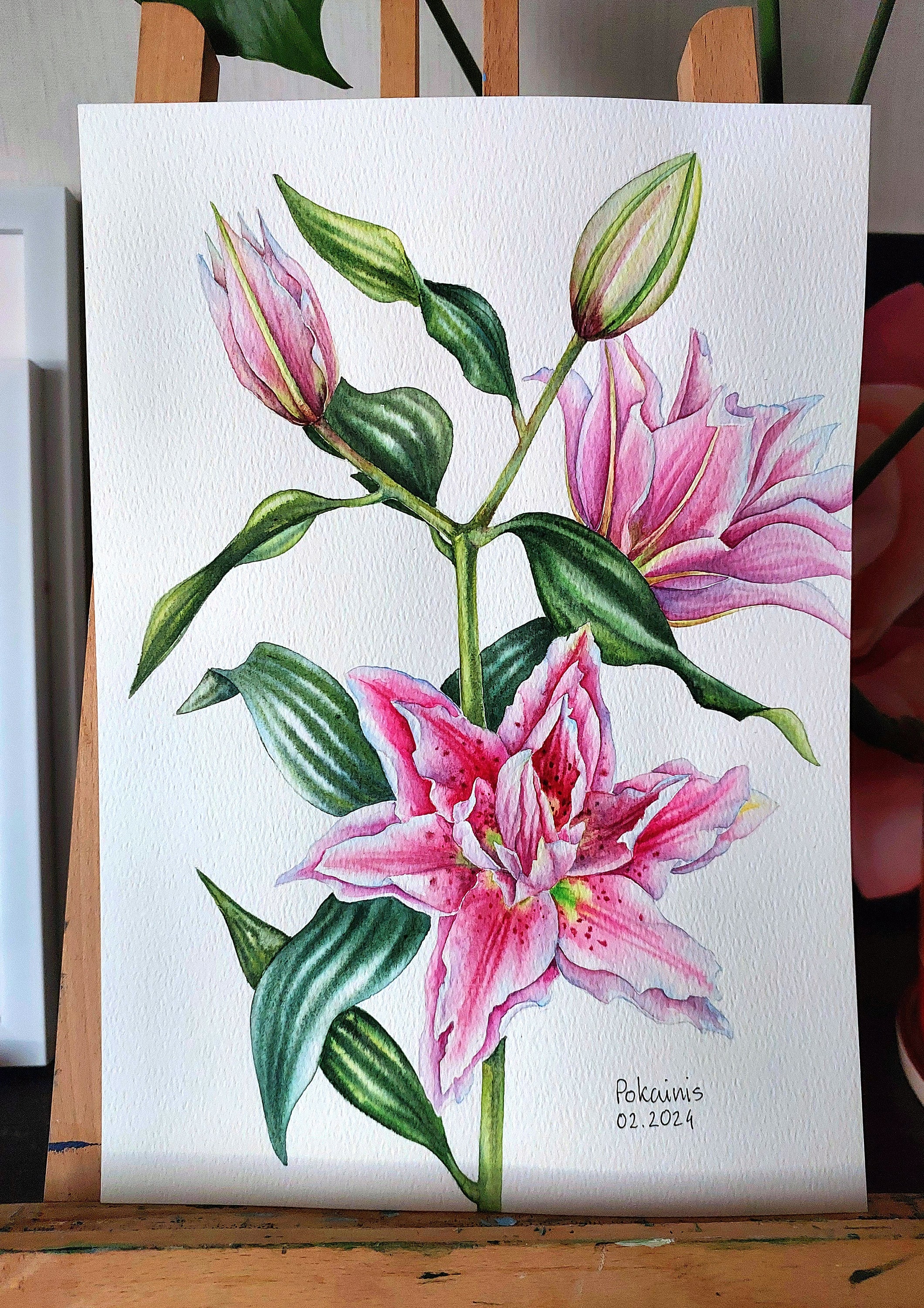 ユリのオリジナル水彩画、花の静物画、花の壁画、ピンクの花の絵画