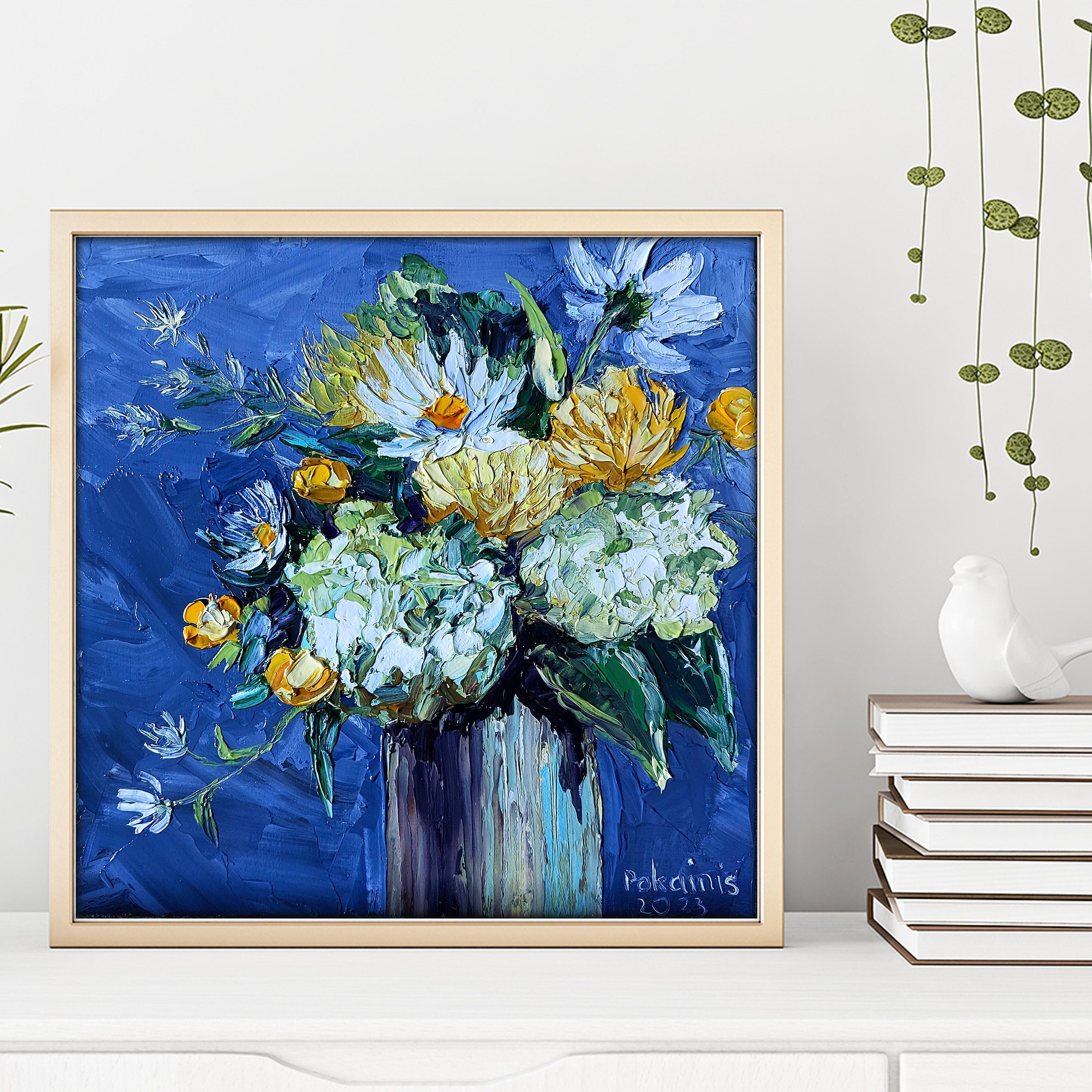 小さな花のオリジナル油絵、花の静物画、植物のアートワーク、花瓶に