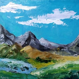 Original landscape oil painting, mountains wall art, small impasto oil painting, 8x8 impressionist oil artwork, kitchen original fine art