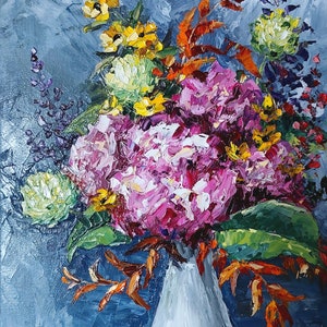 Small original oil painting, floral still life hydrangea oil painting, hydrangea wall art, impasto oil painting, floral in vase fine art