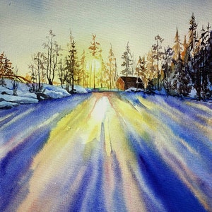 オリジナル水彩画「冬の森の絵画」雪景色（12x16インチ） - Etsy 日本