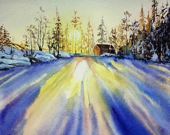 オリジナル冬の夕焼け水彩画、森の風景、16x12 - Etsy 日本