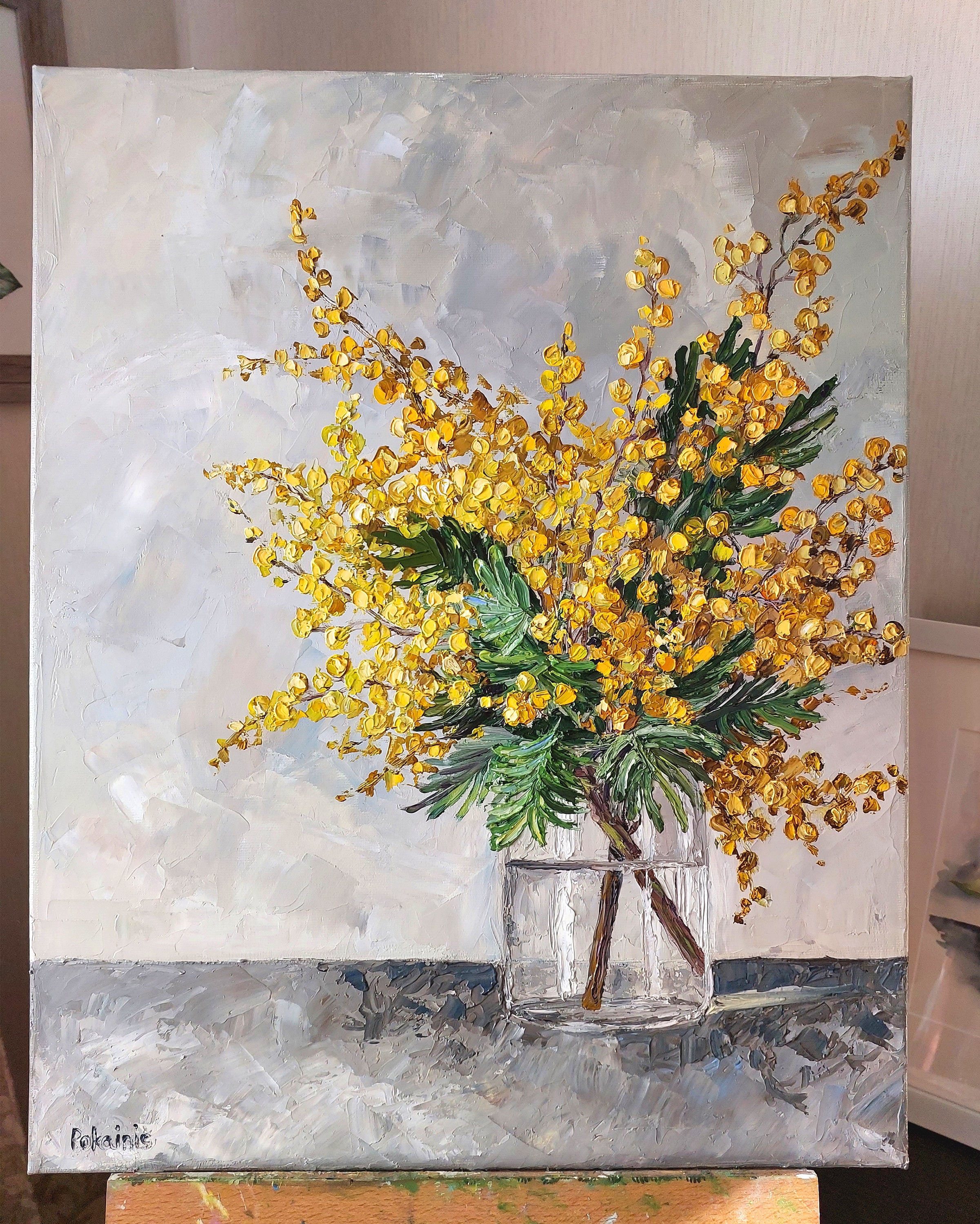 オリジナルの厚塗り油絵、花の静物画、植物のアートワーク