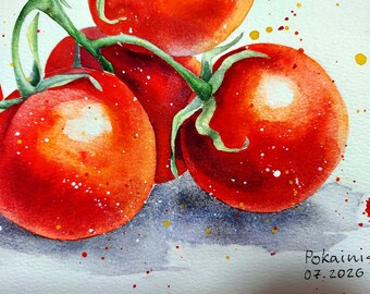 オリジナル水彩画、トマトのオリジナルアート作品、庭の水彩画、食べ物