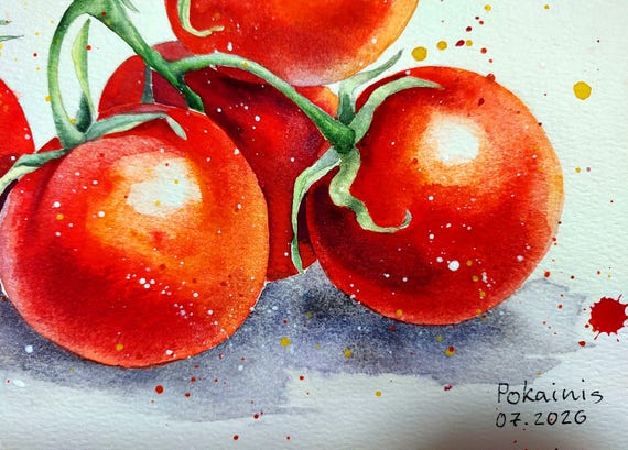 オリジナル水彩画、トマトのオリジナルアート作品、庭の水彩画、食べ物