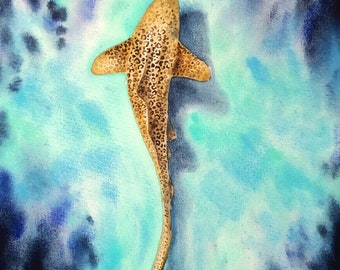 オリジナル水彩画、ヒョウザメの絵画、水中画、海の壁画、海の動物の