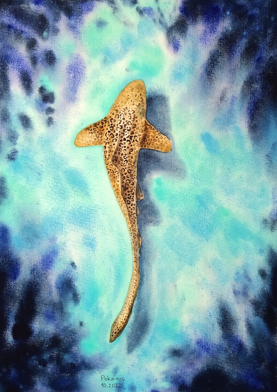 オリジナル水彩画、ヒョウザメの絵画、水中画、海の壁画、海の動物の