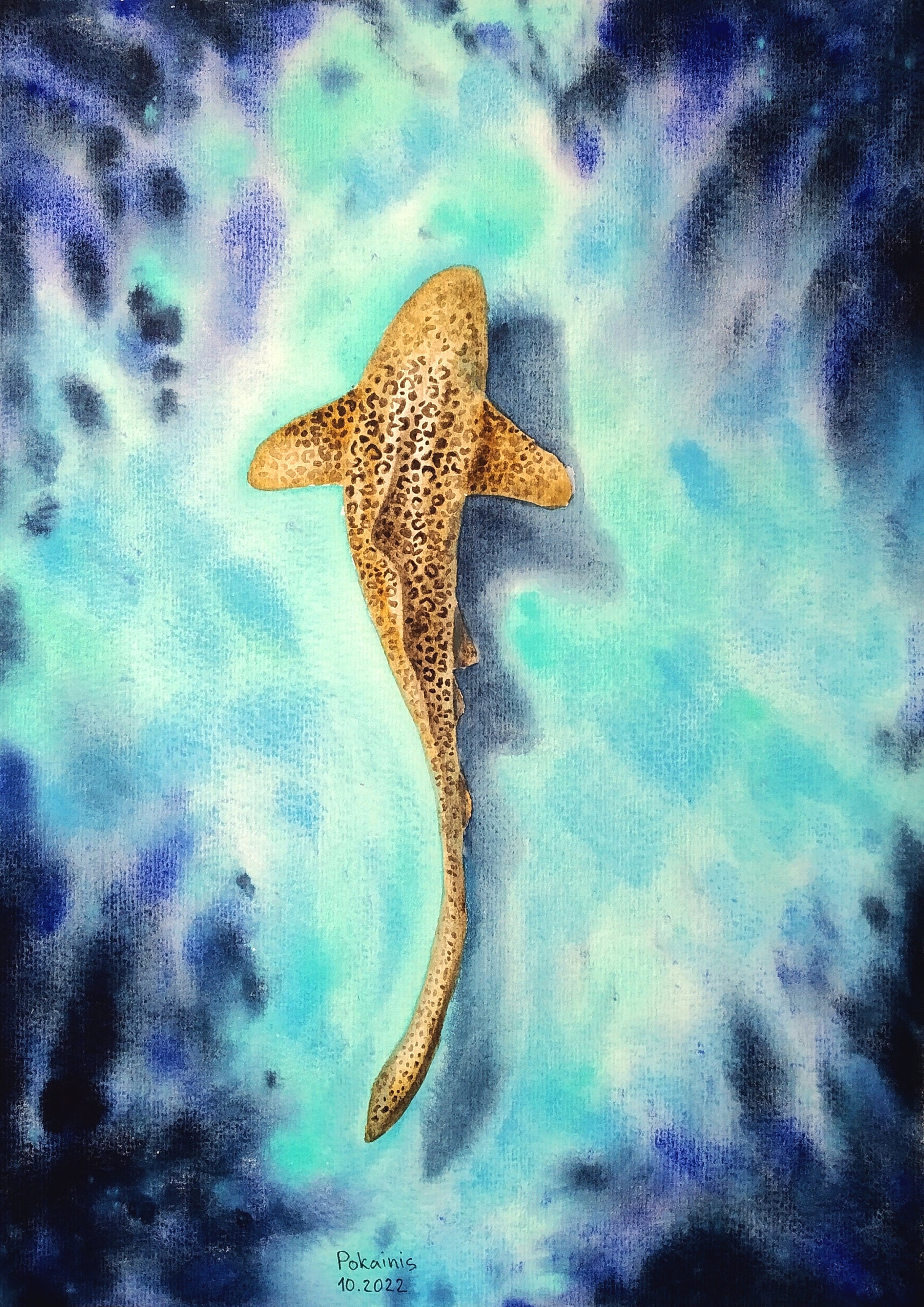 オリジナル水彩画、ヒョウザメの絵画、水中画、海の壁画、海の動物の