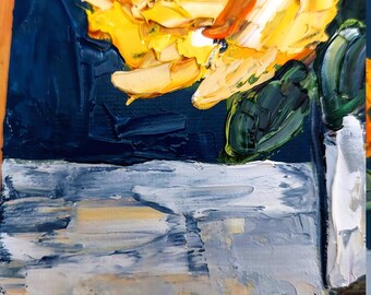 黄色いバラのオリジナル油絵、花の壁アート、厚塗りの油絵、植物の
