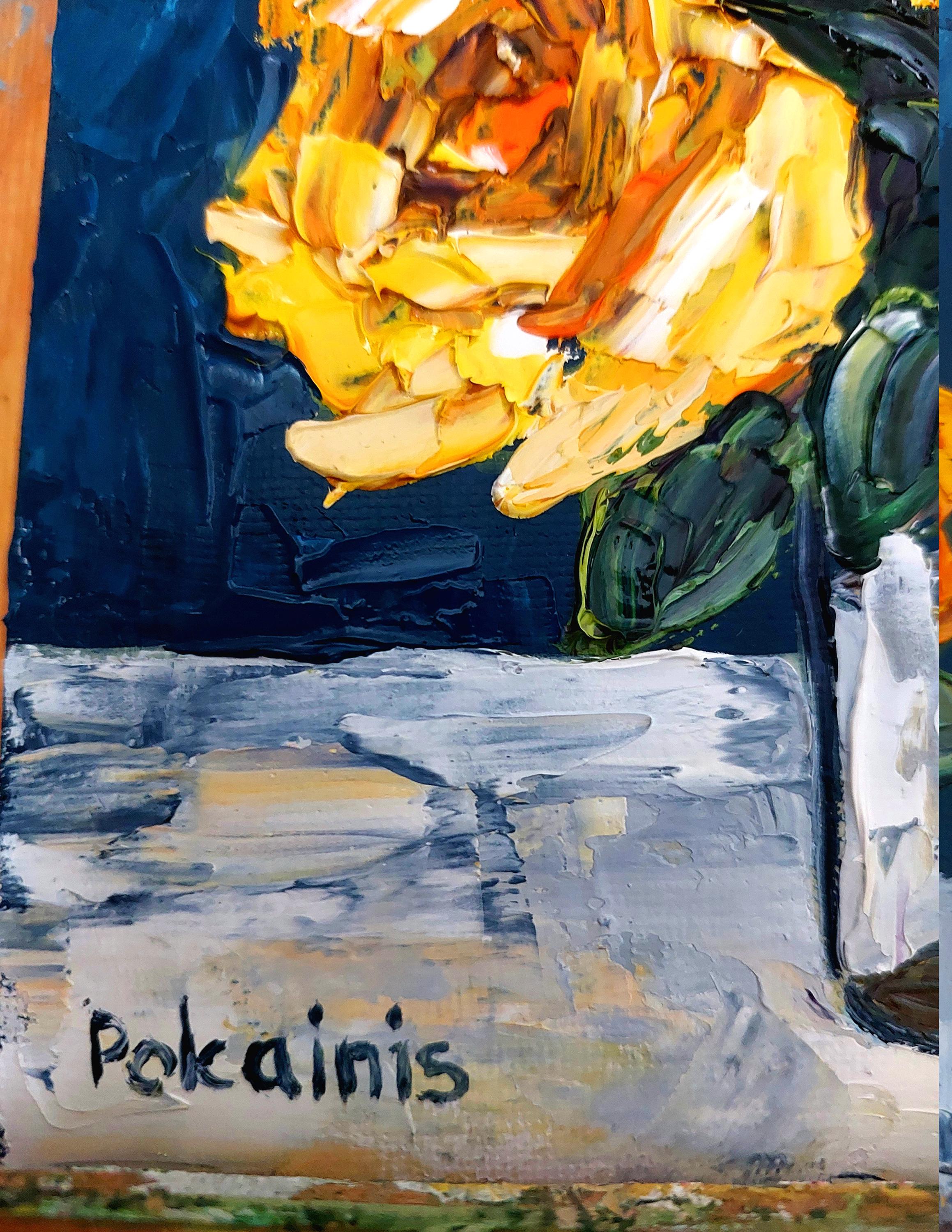 黄色いバラのオリジナル油絵、花の壁アート、厚塗りの油絵、植物の