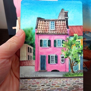 Pintura em aquarela ACEO, arte original, belas artes de casinhas fofas, pintura de paisagens urbanas, pintura pequena de 4*6 polegadas, arte de parede de cidade velha
