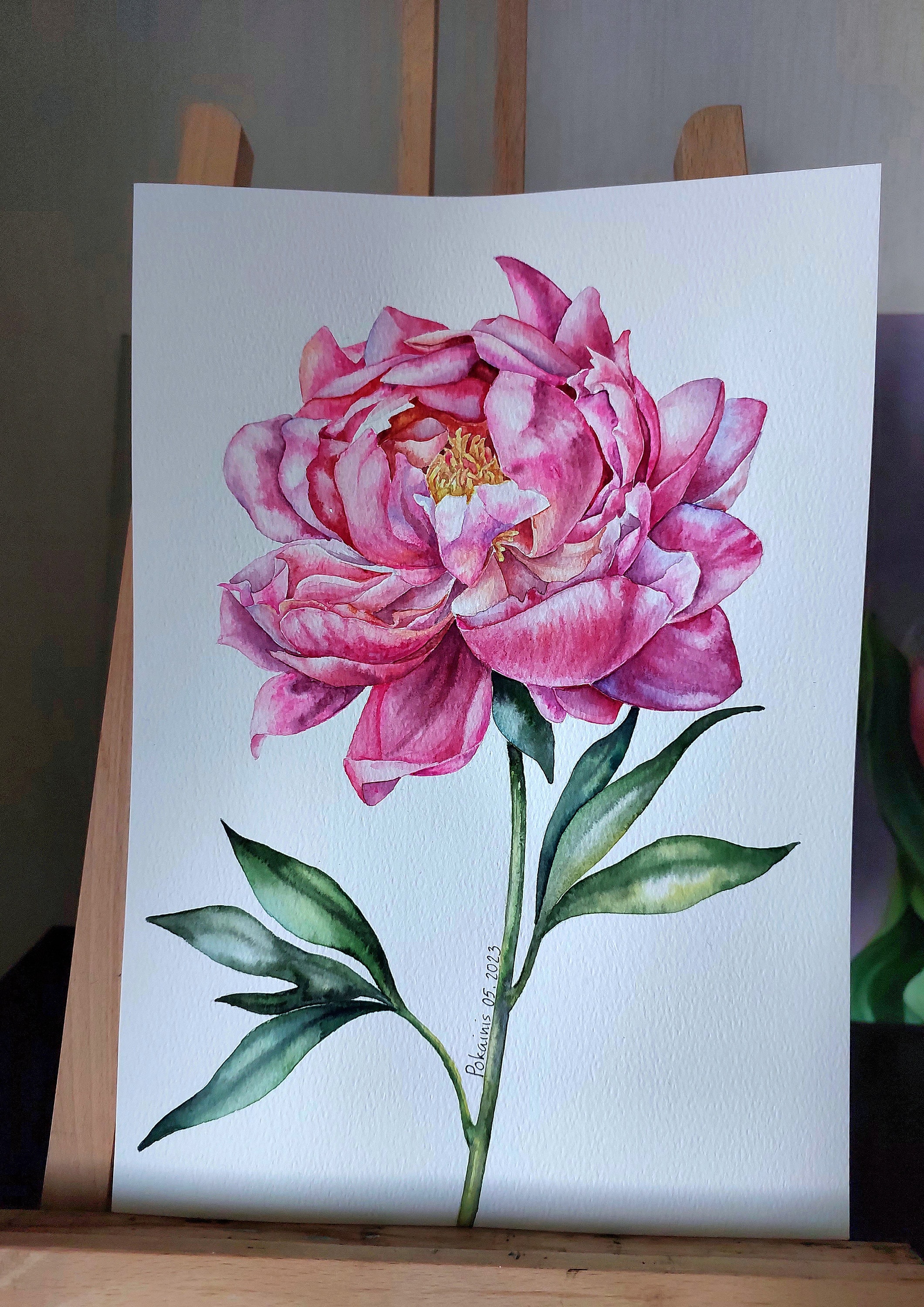 ピンクの牡丹の水彩画、花の壁アート、牡丹のつぼみの壁アート