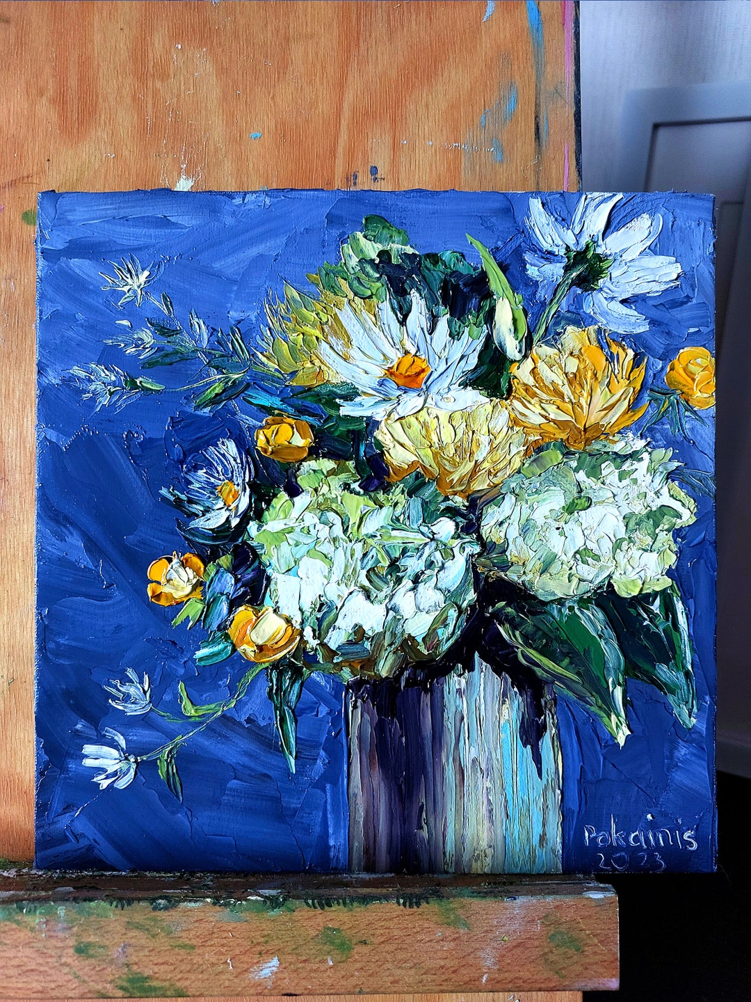 花の静物画のオリジナル油絵、インパストアート、植物のファインアート