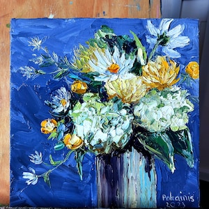 Floral still life original artwork, small impasto oil painting, botanical artwork, flowers in vase impasto fine art white hydrangea wall art
