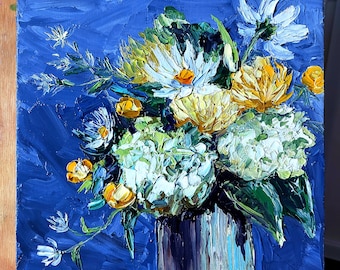 Floral still life original oil painting, impasto artwork, botanical fine art, flowers in vase wall art, kitchen original artwork