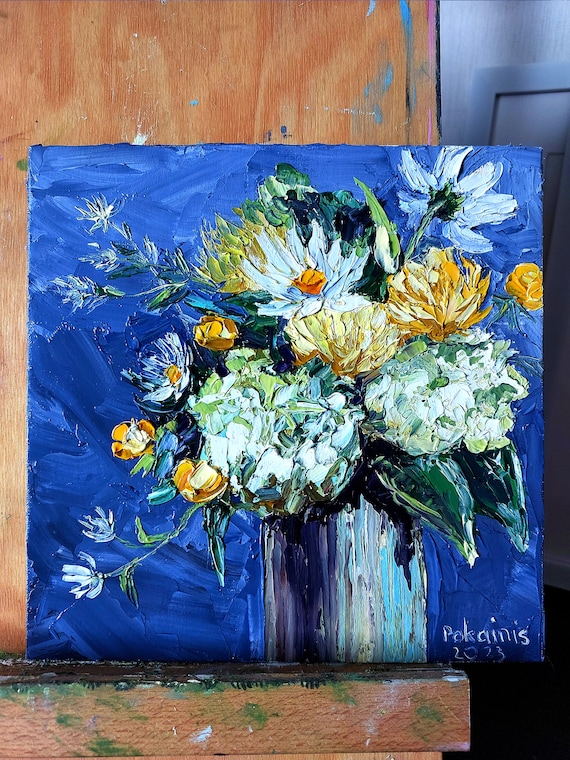 花の静物画のオリジナル油絵、インパストアート、植物のファインアート
