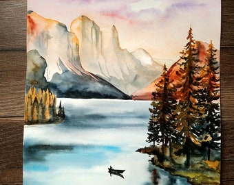 水彩画 自然風景 抽象画 作家サインあり オリジナルの水彩画、風景の水彩画、山の壁画、森の絵画、茶色の色調の
