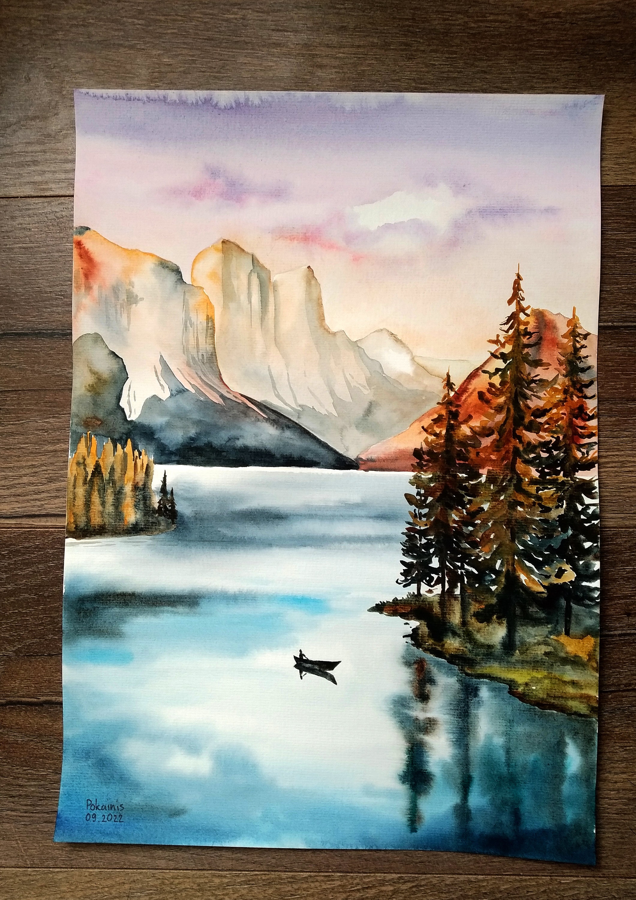 オリジナルの水彩画、風景の水彩画、山の壁画、森の絵画、茶色の色調の
